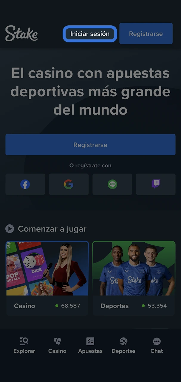 Abra el formulario para acceder a su cuenta personal del casino Stake.